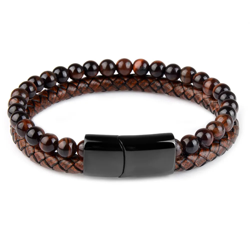 Pulseira de Pedras Genuínas com Trançado em Couro para Homens