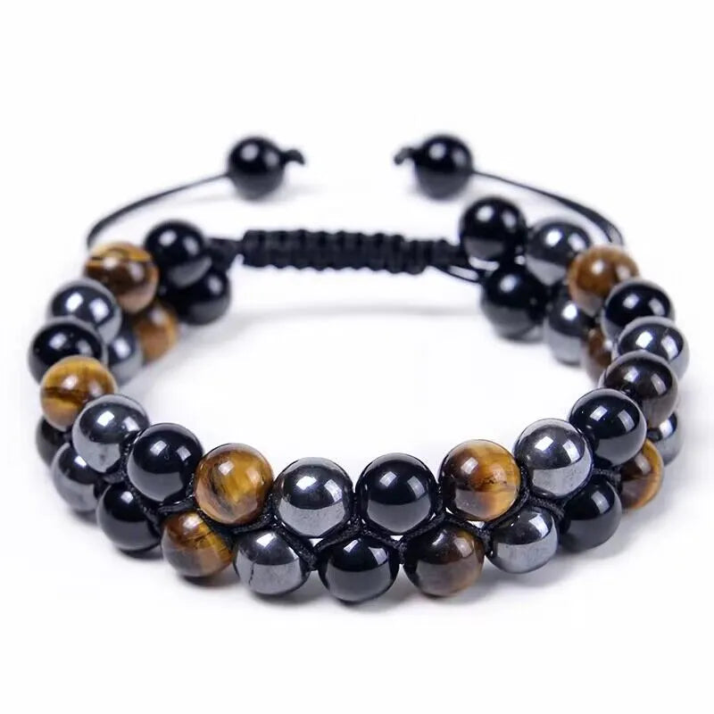 Pulseira de Contas em Olho de Tigre, Ágata e Obsidiana Negra