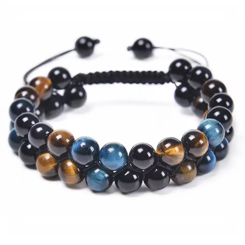 Pulseira de Contas em Olho de Tigre, Ágata e Obsidiana Negra