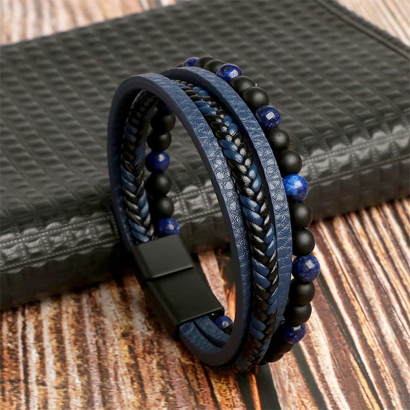 Pulseira de Couro de Alta Qualidade com Olho de Tigre Multicamadas