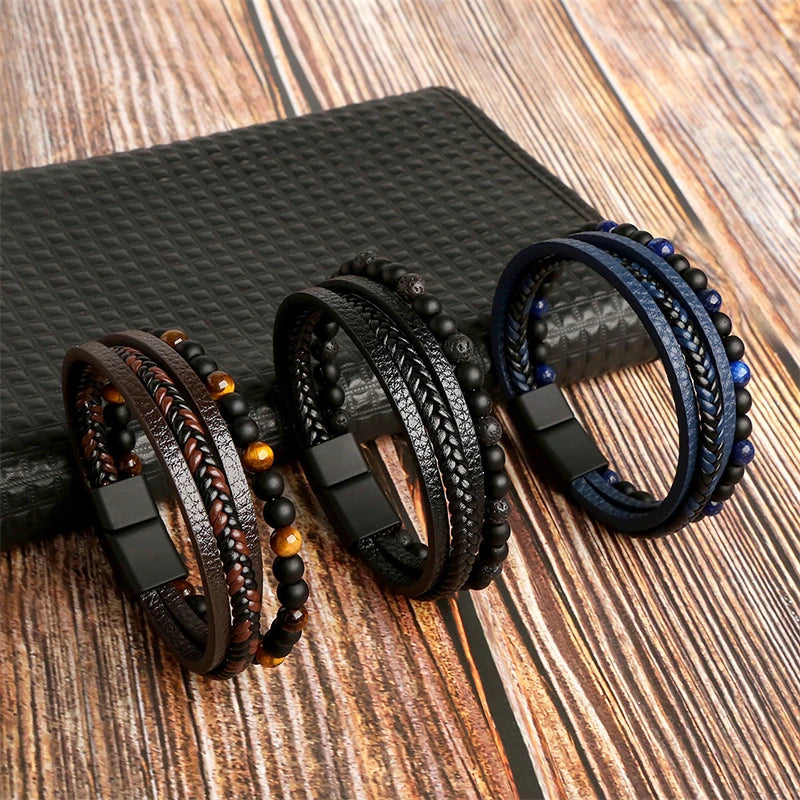 Pulseira de Couro de Alta Qualidade com Olho de Tigre Multicamadas