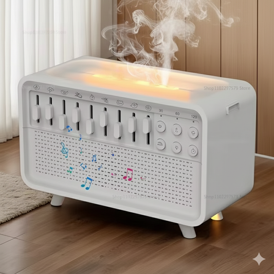 Difusor de Chama com Som do Sono, Luz Noturna e Bluetooth – Umidificador e Aromaterapia