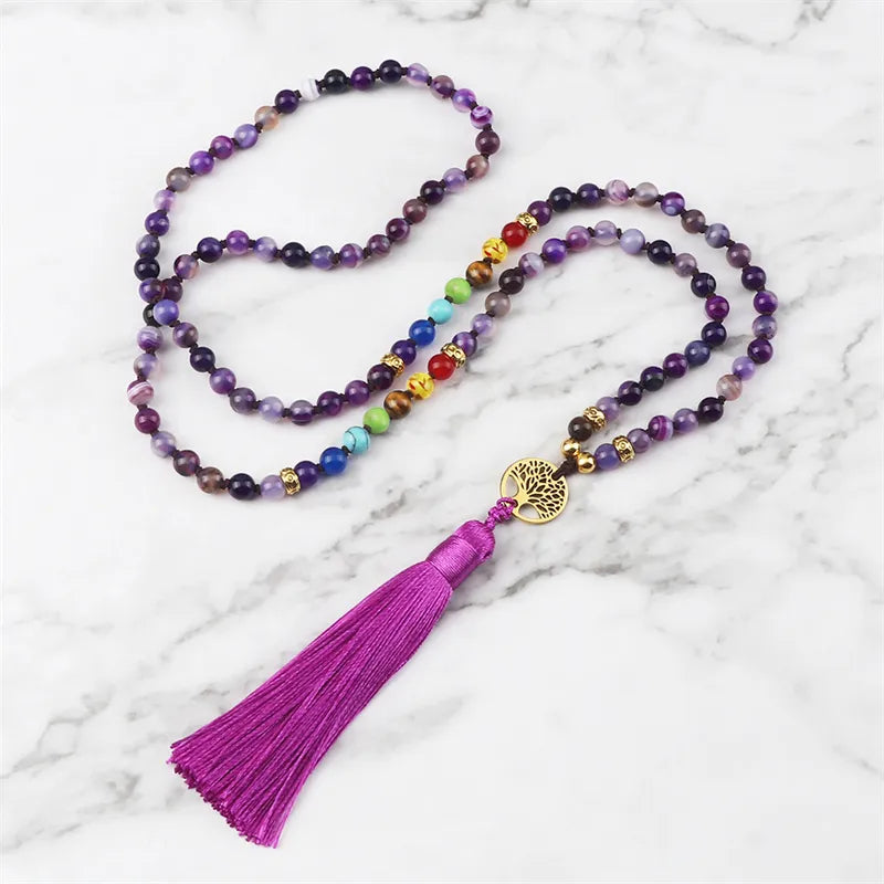 Japamala de pedra de ágata roxa natural  7 chakras