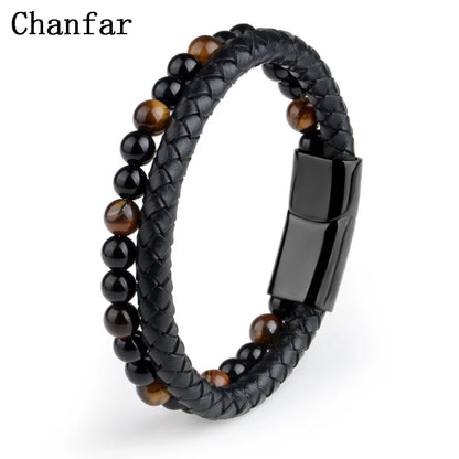 Pulseira de Pedras Genuínas com Trançado em Couro para Homens