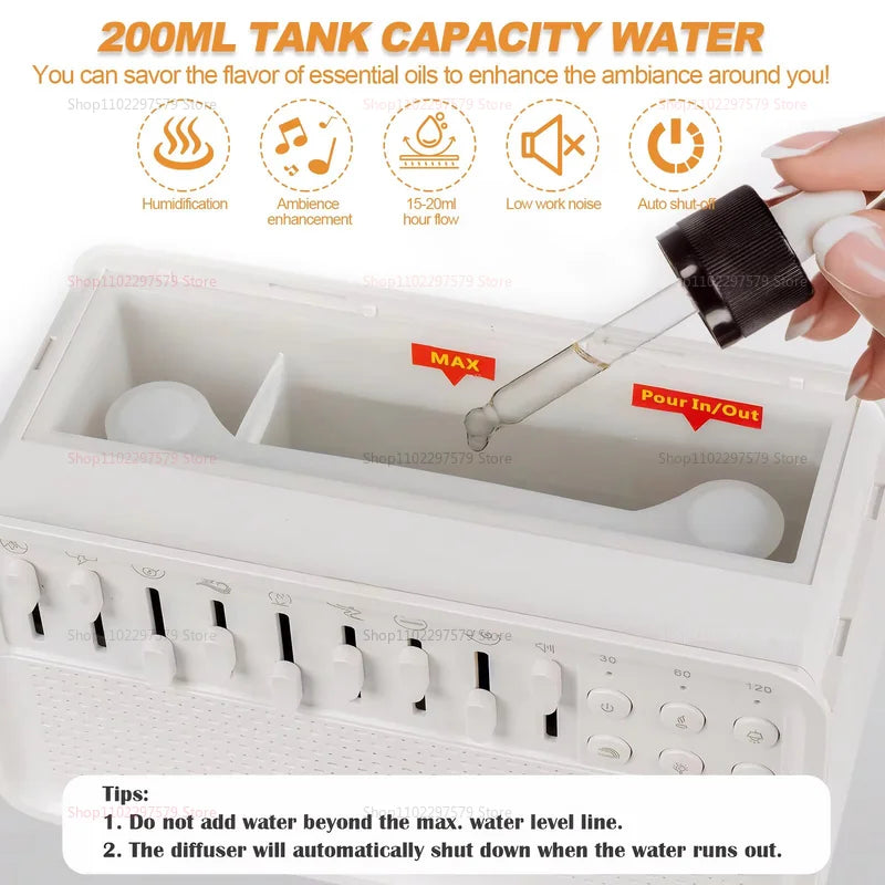 Difusor de Chama com Som do Sono, Luz Noturna e Bluetooth – Umidificador e Aromaterapia