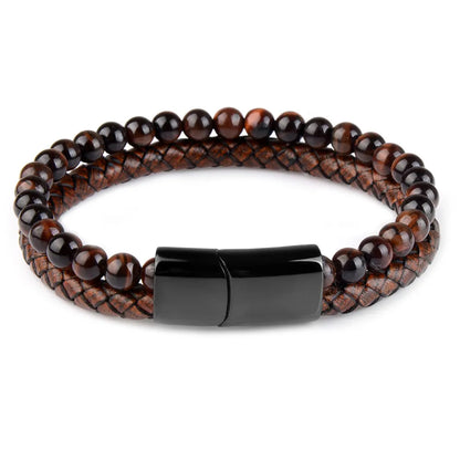 Pulseira de Pedras Genuínas com Trançado em Couro para Homens
