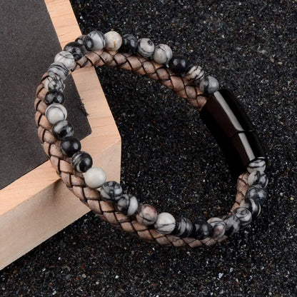 Pulseira de Pedras Genuínas com Trançado em Couro para Homens