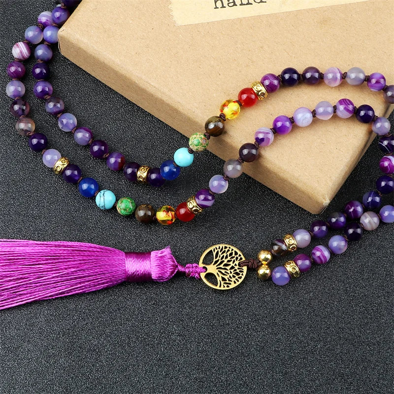 Japamala de pedra de ágata roxa natural  7 chakras