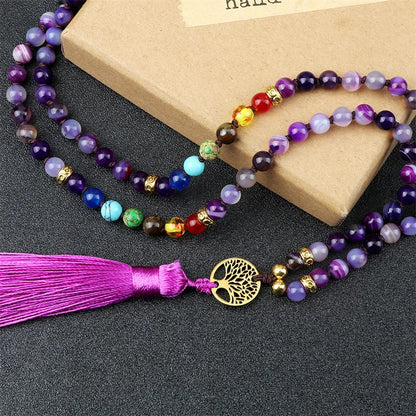 Japamala de pedra de ágata roxa natural  7 chakras