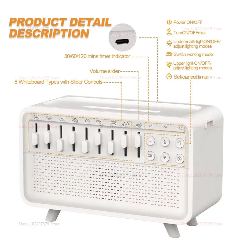 Difusor de Chama com Som do Sono, Luz Noturna e Bluetooth – Umidificador e Aromaterapia
