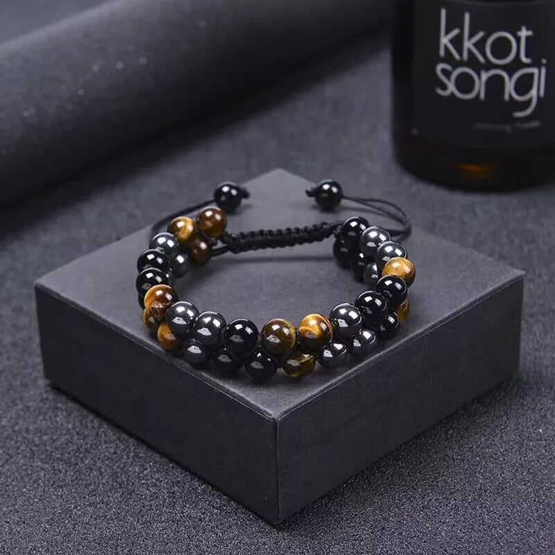 Pulseira de Contas em Olho de Tigre, Ágata e Obsidiana Negra