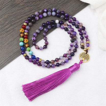 Japamala de pedra de ágata roxa natural  7 chakras