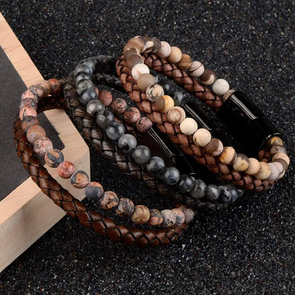Pulseira de Pedras Genuínas com Trançado em Couro para Homens