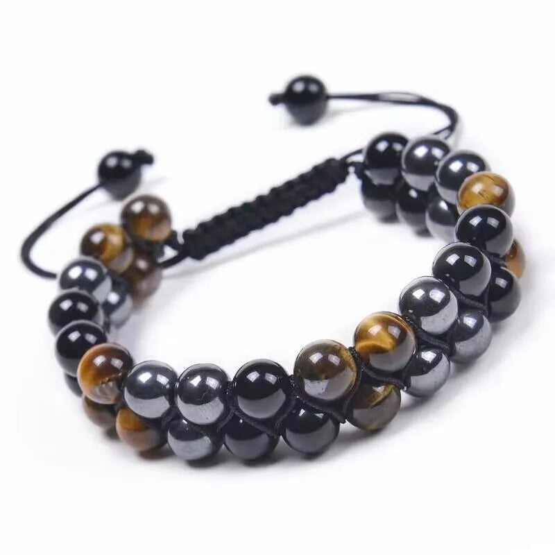 Pulseira de Contas em Olho de Tigre, Ágata e Obsidiana Negra